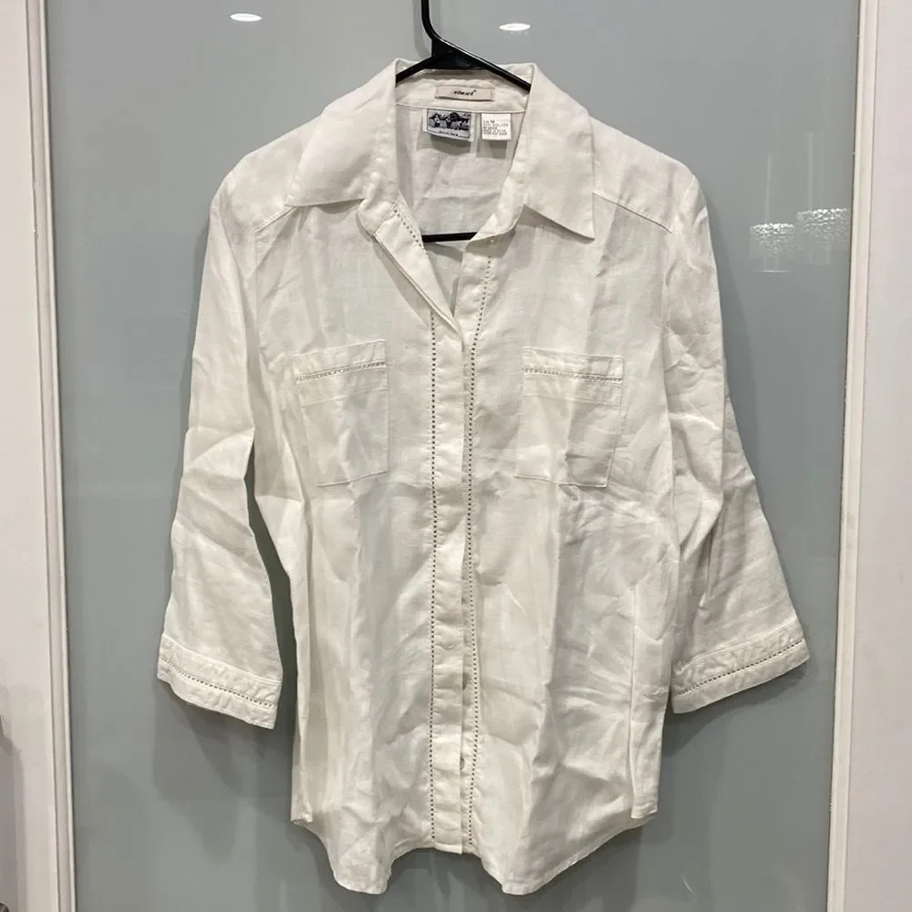 Edward Women's 100% Linen White Dress Shirt Button Down Blouse Sz M